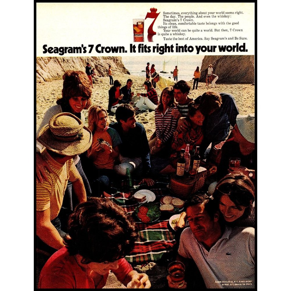 1971 Seagram's Seven 7 Crown Whiskey Vintage Print Ad Beach Volleyball Picnic